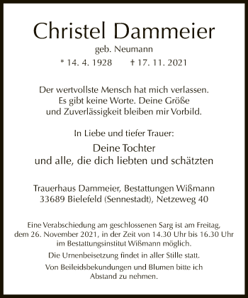 Traueranzeige von Christel Dammeier von Neue Westfälische