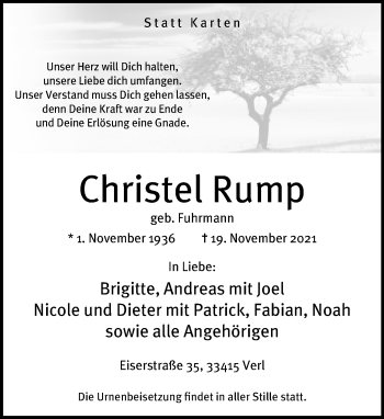 Traueranzeige von Christel Rump von Neue Westfälische