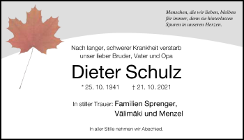 Traueranzeige von Dieter Schulz von Neue Westfälische