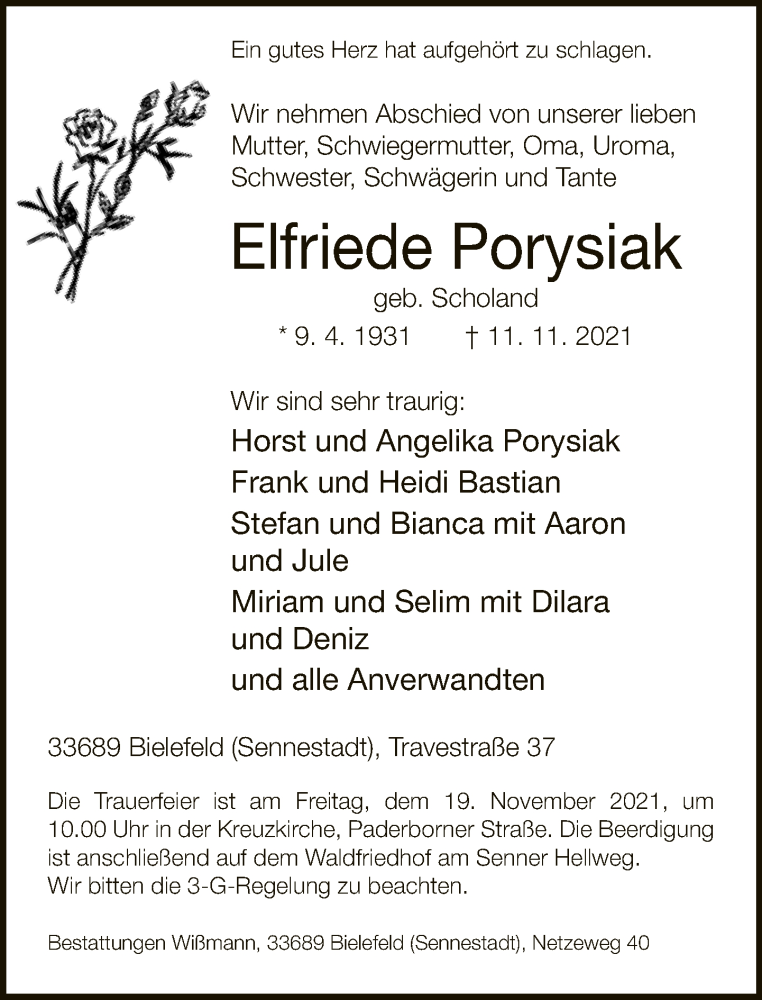  Traueranzeige für Elfriede Porysiak vom 13.11.2021 aus Neue Westfälische