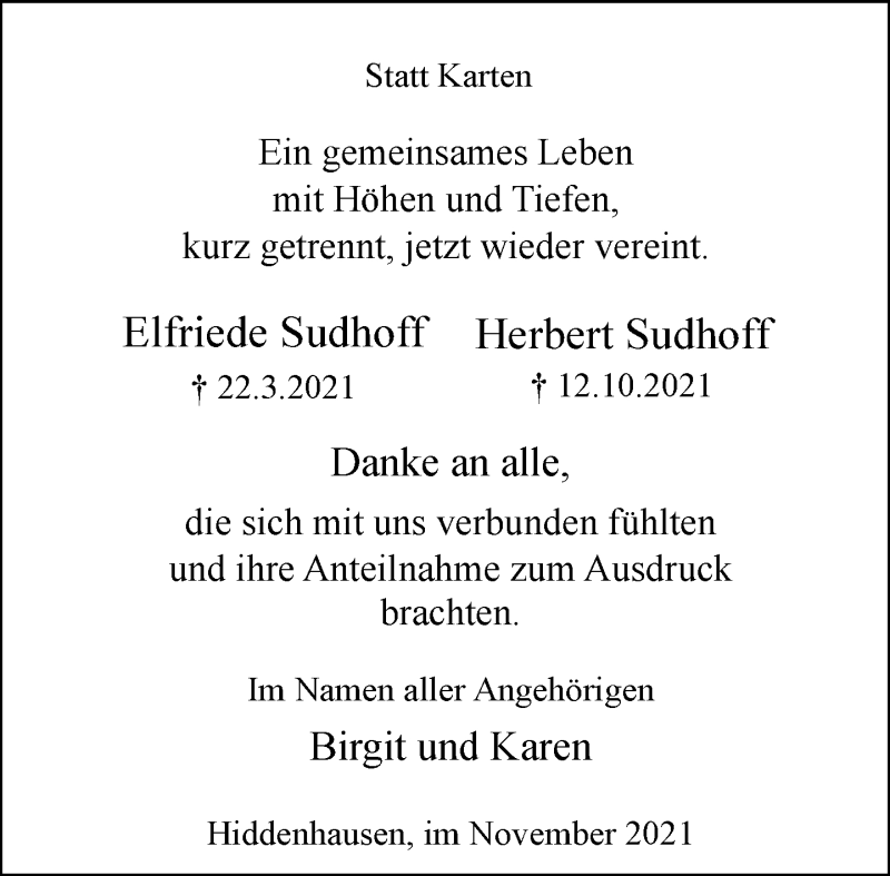  Traueranzeige für Elfriede und Herbert Sudhoff vom 06.11.2021 aus Neue Westfälische