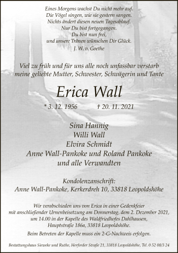 Traueranzeige von Erica Wall von Neue Westfälische