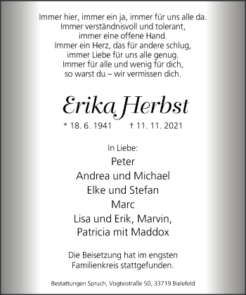 Traueranzeige von Erika Herbst von Neue Westfälische