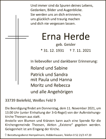 Traueranzeige von Erna Herde von Neue Westfälische