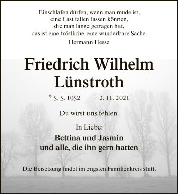 Traueranzeige von Friedrich Wilhelm Lünstroth von Neue Westfälische