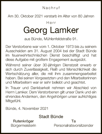 Traueranzeige von Georg Lamker von Neue Westfälische
