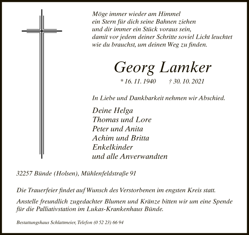  Traueranzeige für Georg Lamker vom 06.11.2021 aus Neue Westfälische