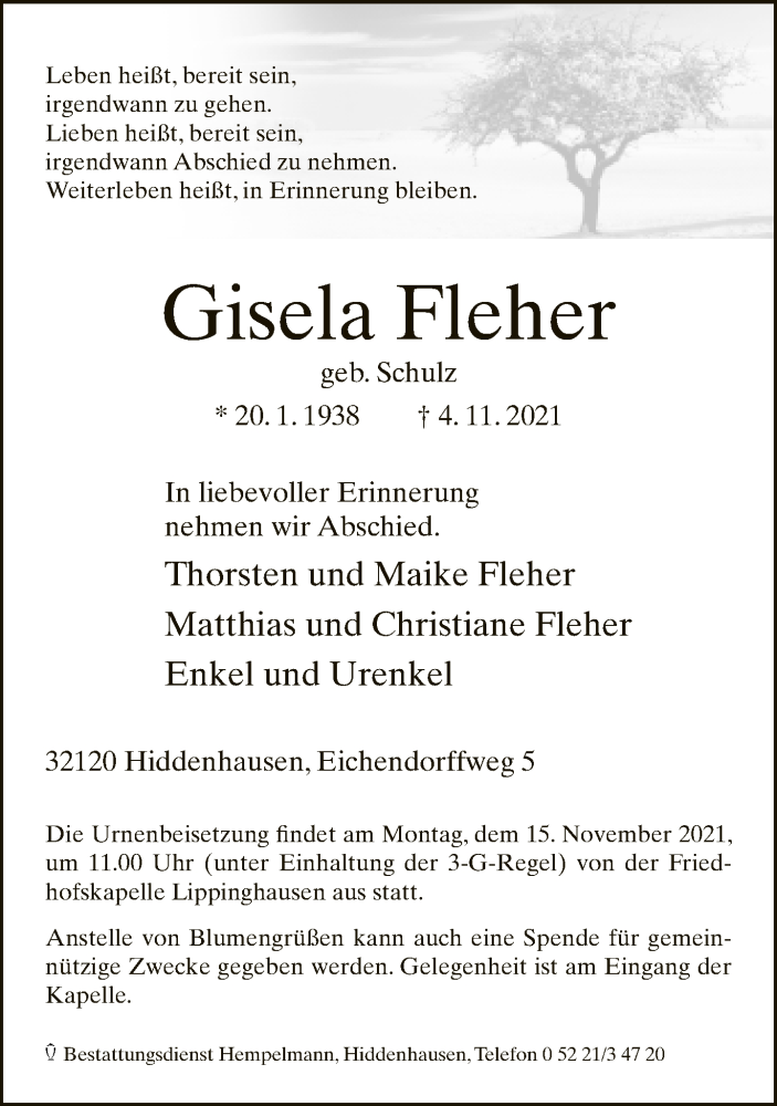  Traueranzeige für Gisela Fleher vom 10.11.2021 aus Neue Westfälische