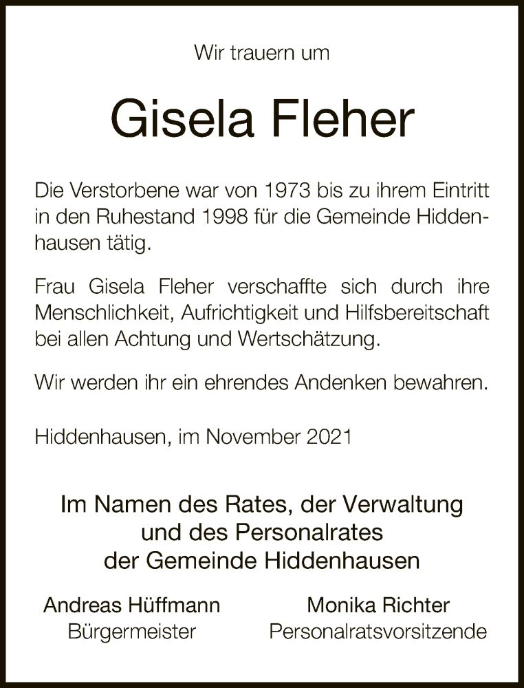 Traueranzeige für Gisela Fleher vom 15.11.2021 aus Neue Westfälische