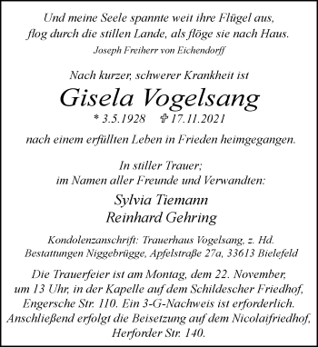 Traueranzeige von Gisela Vogelsang von Neue Westfälische