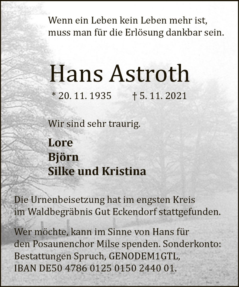  Traueranzeige für Hans Astroth vom 20.11.2021 aus Neue Westfälische