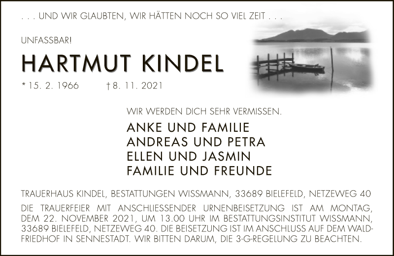  Traueranzeige für Hartmut Kindel vom 13.11.2021 aus Neue Westfälische