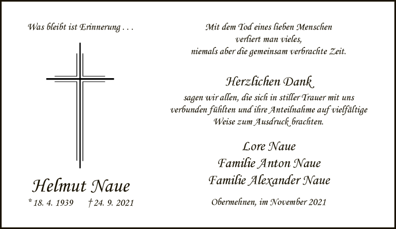  Traueranzeige für Helmut Naue vom 13.11.2021 aus Neue Westfälische