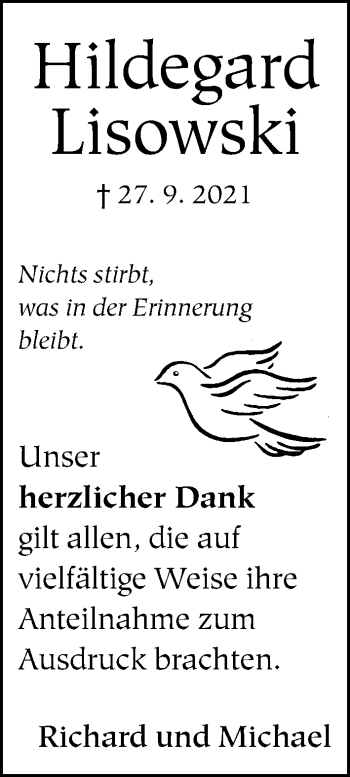 Traueranzeige von Hildegard Lisowski von Neue Westfälische
