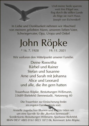Traueranzeige von John Röpke von Neue Westfälische