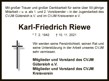 Traueranzeige von Karl-Friedrich Riewe von Neue Westfälische