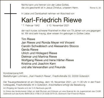 Traueranzeige von Karl-Friedrich Riewe von Neue Westfälische