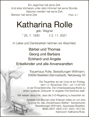 Traueranzeige von Katharina Rolle von Neue Westfälische