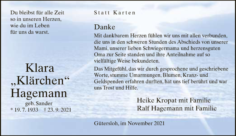  Traueranzeige für Klara Hagemann vom 20.11.2021 aus Neue Westfälische