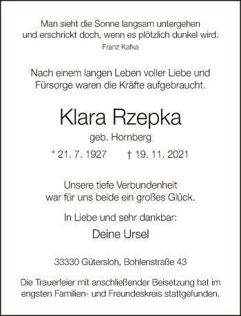 Traueranzeige von Klara Rzepka von Neue Westfälische