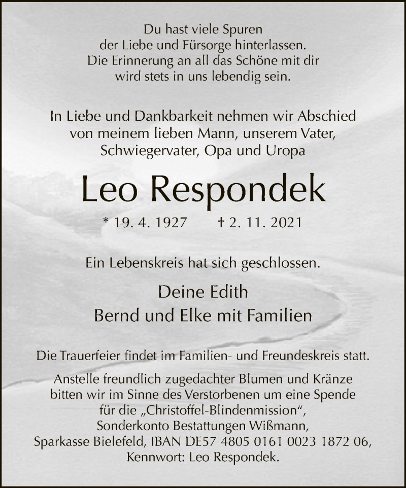  Traueranzeige für Leo Respondek vom 06.11.2021 aus Neue Westfälische