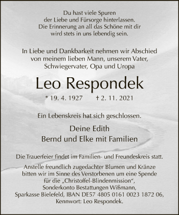 Traueranzeige von Leo Respondek von Neue Westfälische