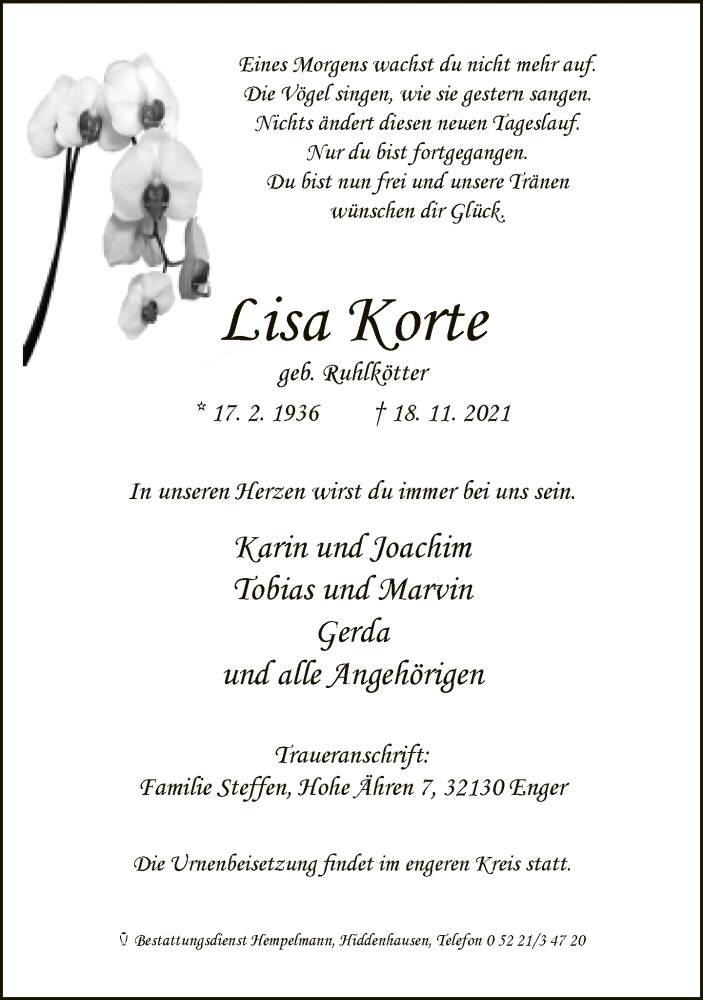  Traueranzeige für Lisa Korte vom 23.11.2021 aus Neue Westfälische