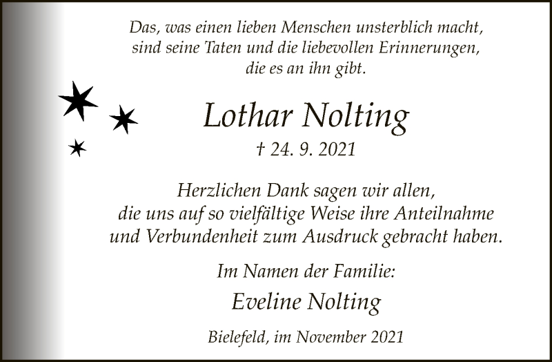  Traueranzeige für Lothar Nolting vom 20.11.2021 aus Neue Westfälische