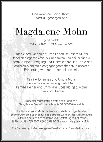 Traueranzeige von Magdalene Mohn von Neue Westfälische