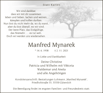 Traueranzeige von Manfred Mynarek von Neue Westfälische