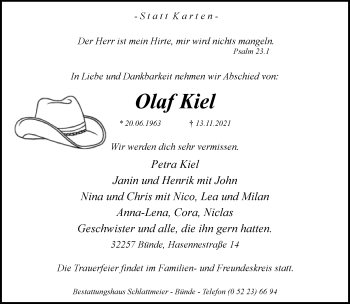 Traueranzeige von Olaf Kiel von Neue Westfälische