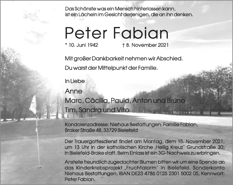  Traueranzeige für Peter Fabian vom 13.11.2021 aus Neue Westfälische
