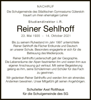 Traueranzeige von Reiner Sehlhoff von Neue Westfälische