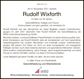 Traueranzeige von Rudolf Wixforth von Neue Westfälische