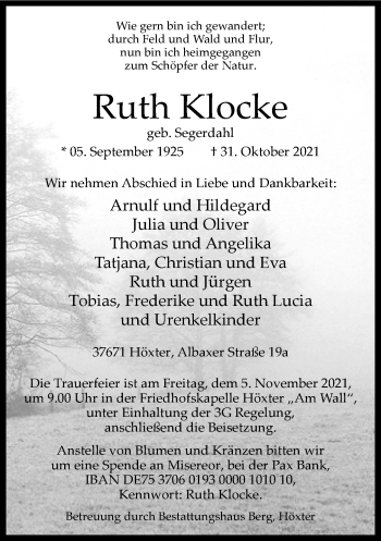 Traueranzeige von Ruth Klocke von Neue Westfälische