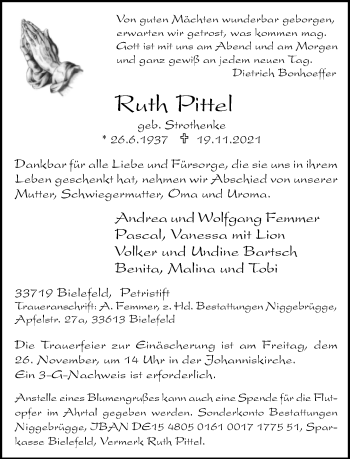 Traueranzeige von Ruth Pittel von Neue Westfälische