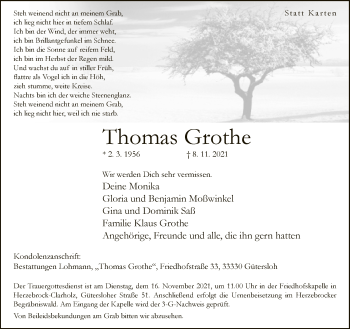 Traueranzeige von Thomas Grothe von Neue Westfälische