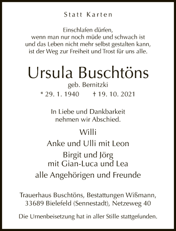 Traueranzeige von Ursula Buschtöns von Neue Westfälische