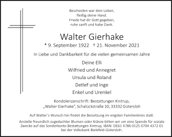 Traueranzeige von Walter Gierhake von Neue Westfälische