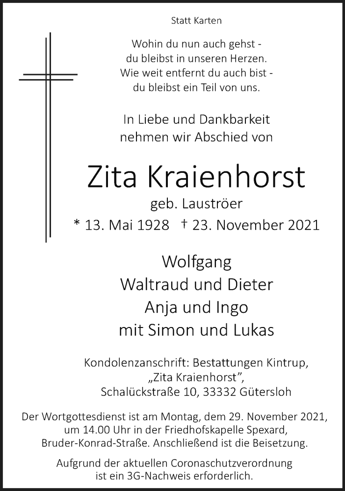  Traueranzeige für Zita Kraienhorst vom 25.11.2021 aus Neue Westfälische