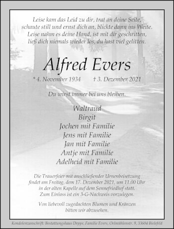Traueranzeige von Alfred Evers von Neue Westfälische