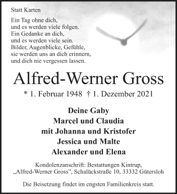 Traueranzeige von Alfred-Werner Gross von Neue Westfälische