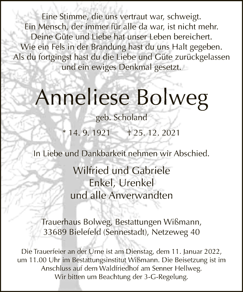  Traueranzeige für Anneliese Bolweg vom 31.12.2021 aus Neue Westfälische