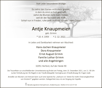 Traueranzeige von Antje Knaupmeier von Neue Westfälische