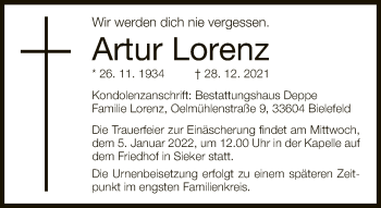 Traueranzeige von Artur Lorenz von Neue Westfälische