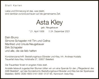 Traueranzeige von Asta Kley von Neue Westfälische