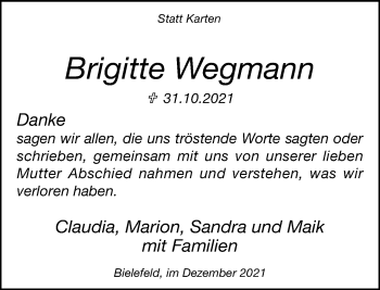 Traueranzeige von Brigitte Wegmann von Neue Westfälische