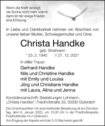 Traueranzeige von Christa Handke von Neue Westfälische