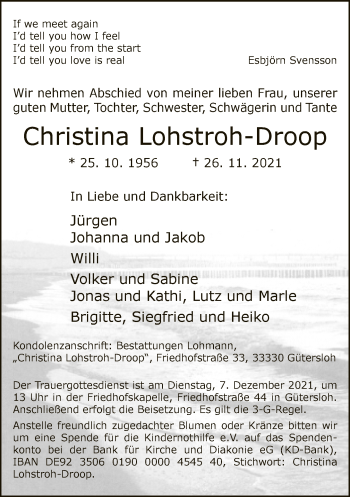 Traueranzeige von Christina Lohstroh-Droop von Neue Westfälische