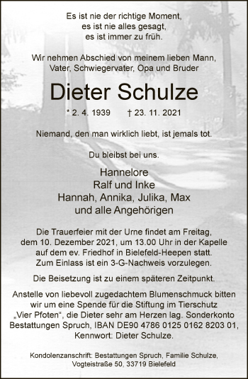 Traueranzeige von Dieter Schulze von Neue Westfälische